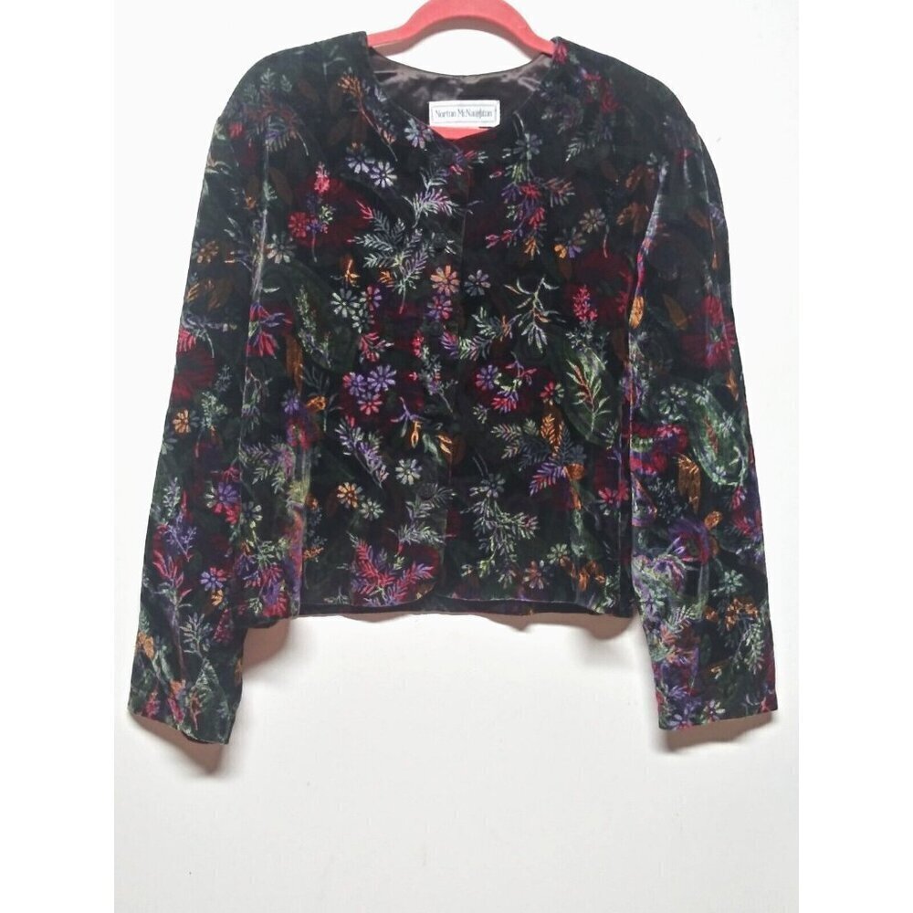 VTG Norton McNaughton Velvet Jacket Shacket Sz 16 black & Multi-Color Floral L/S
